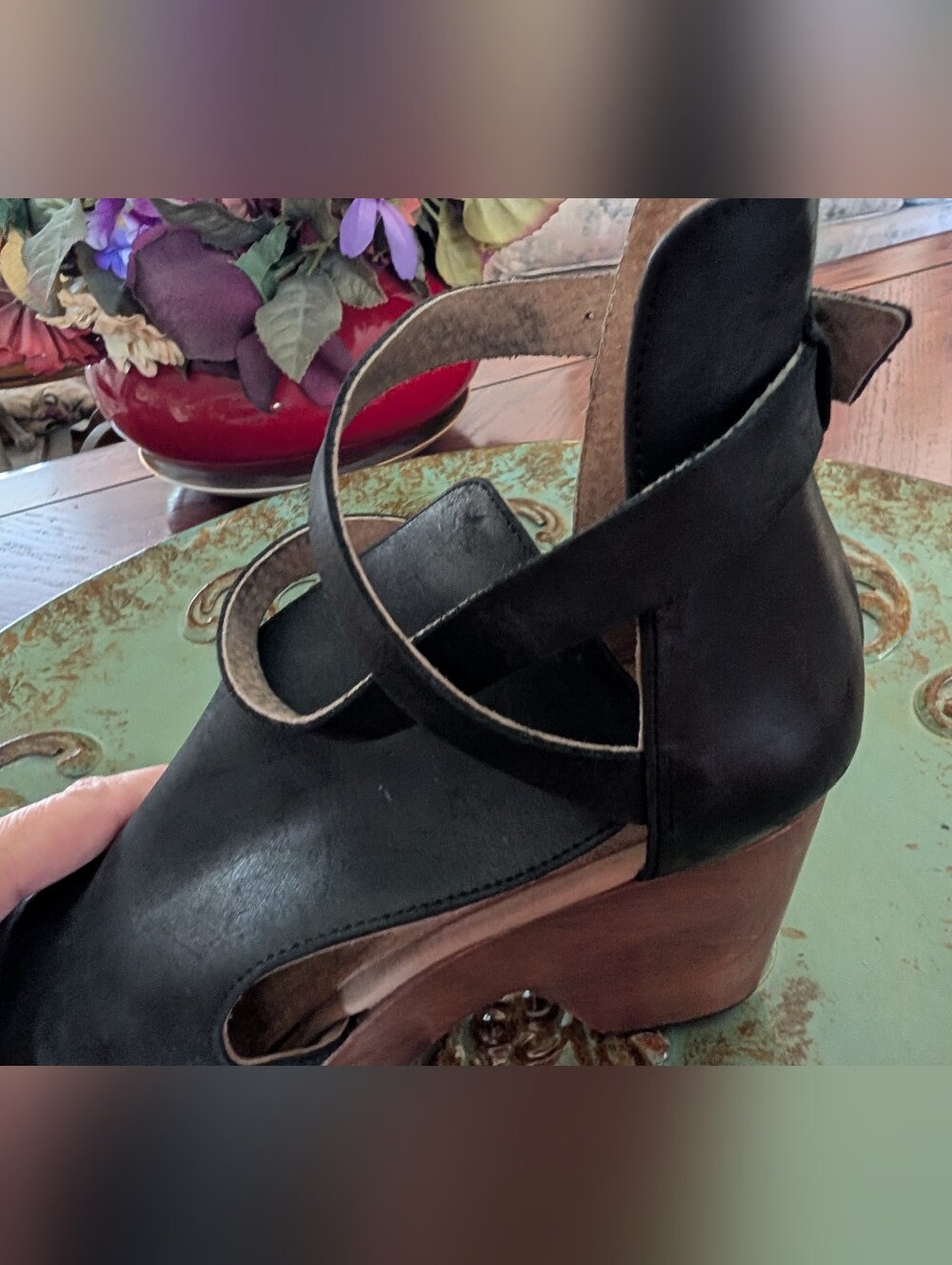 Free People Black Leather Platform Clogs with Wood-Effect Heel Size 39.5 - Picture 12 of 16